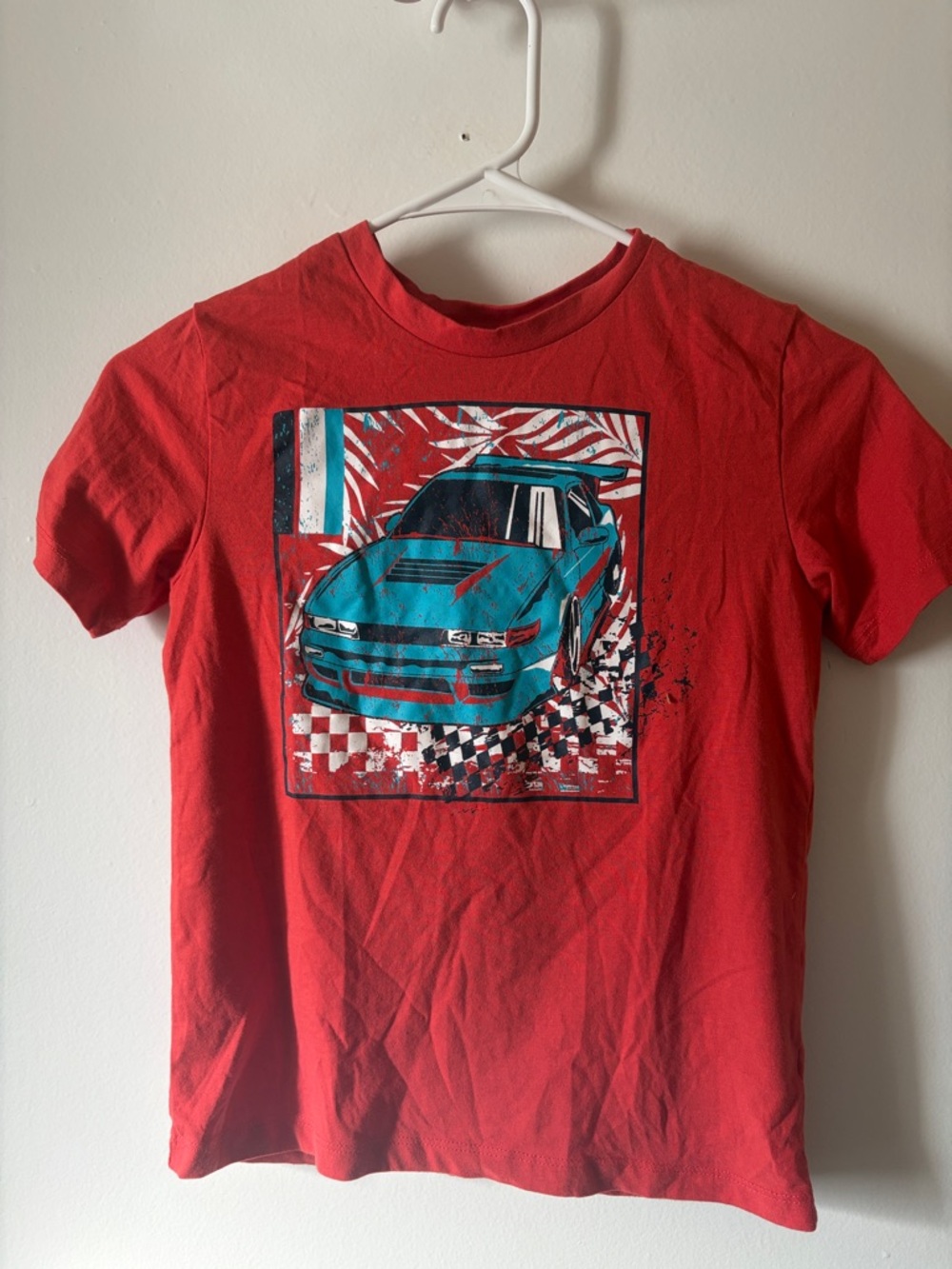 Falls Creek Red Tee with Teal Race Car Graphic